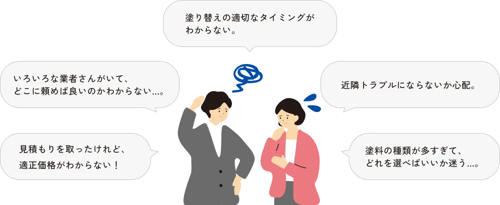 塗り替えの適切なタイミングがわからない。いろいろな業者さんがいて、どこに頼めば良いのかわからない…。近隣トラブルにならないか心配。見積もりを取ったけど、適正価格がわからない!塗料の種類が多すぎて、どれを選べばいいか迷う…。